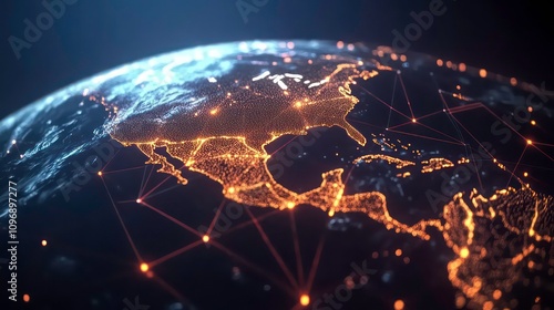 A digital rendering of North America with glowing lines connecting cities, representing global connectivity.