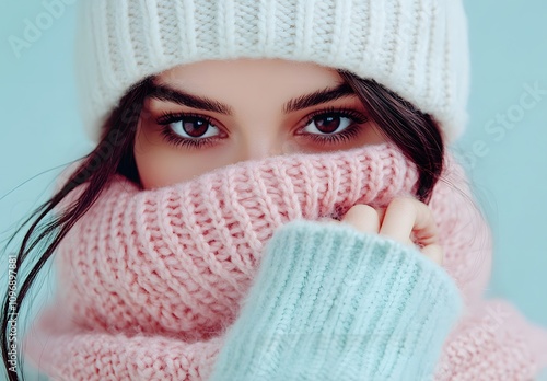 Close-up portrait of a beautiful woman wearing a winter sweater and a white hat, covering her face with a pink knitted scarf, isolated on a pastel background.