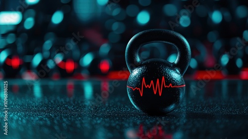 A close-up of a kettlebell with a heartbeat design on its surface, against a blurred gym background. photo