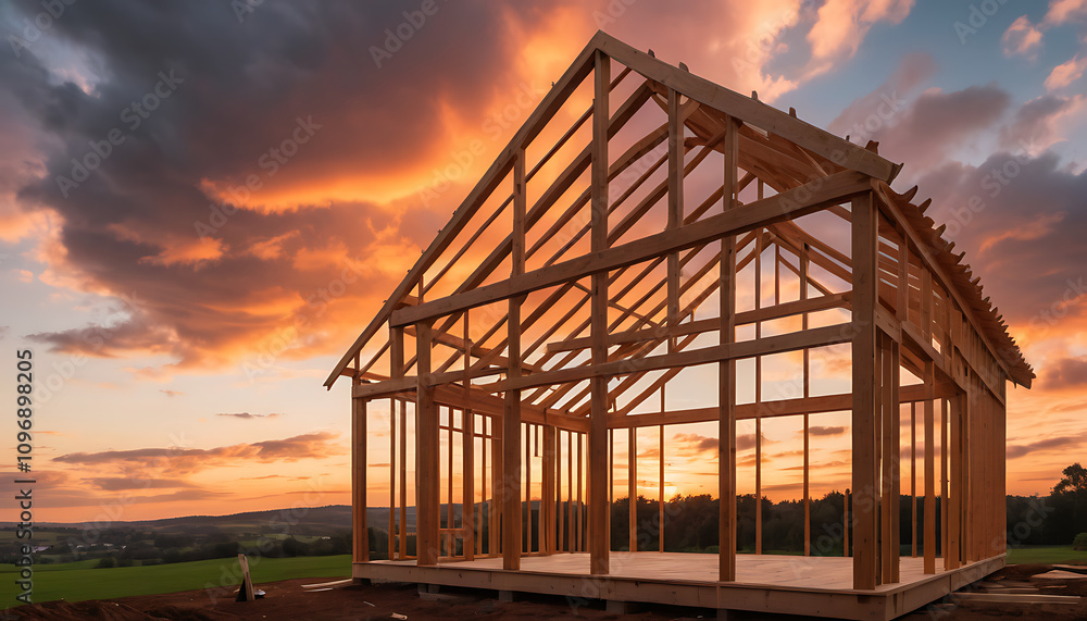 Obraz premium The sun is setting over the house that is under construction. The house is almost finished.