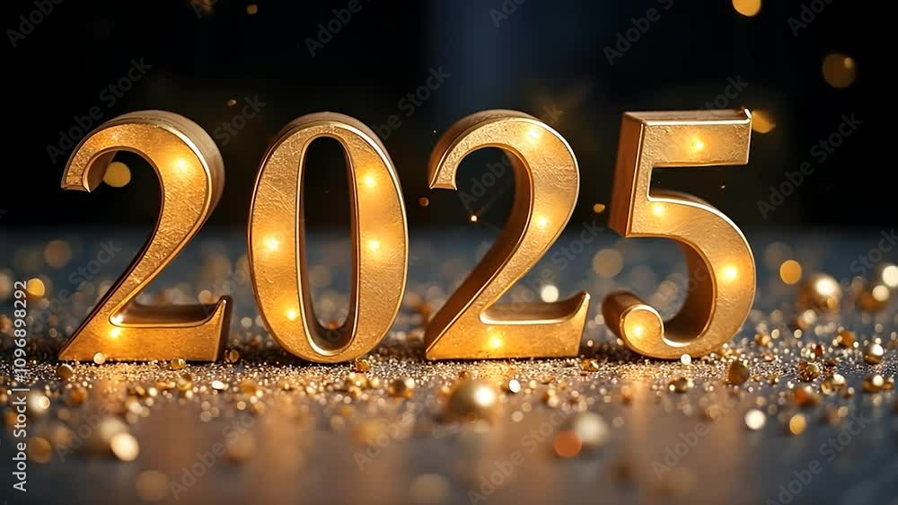 Illuminated Gold 2025 Sign with Glitter and Confetti for New Year's Illuminated Gold 2025 Sign with Glitter and Confetti for New Year's