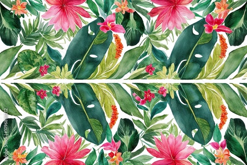 Lively Watercolor Border Design with Tropical Leaves and Colorful Floral Patterns for Event Invitations and Home Decor