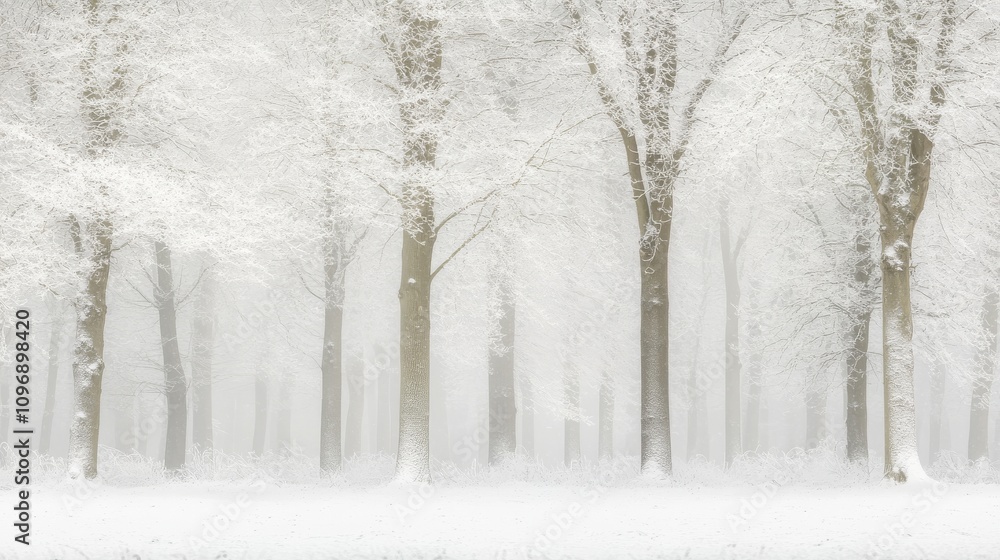 Fototapeta premium Serene winter landscape with minimalist snow-covered trees in tranquil forest scene