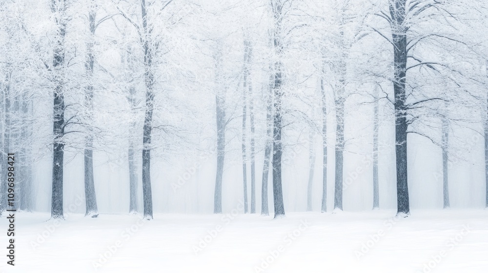 Naklejka premium Minimalist winter scene in serene snowy forest capturing tranquility and calm