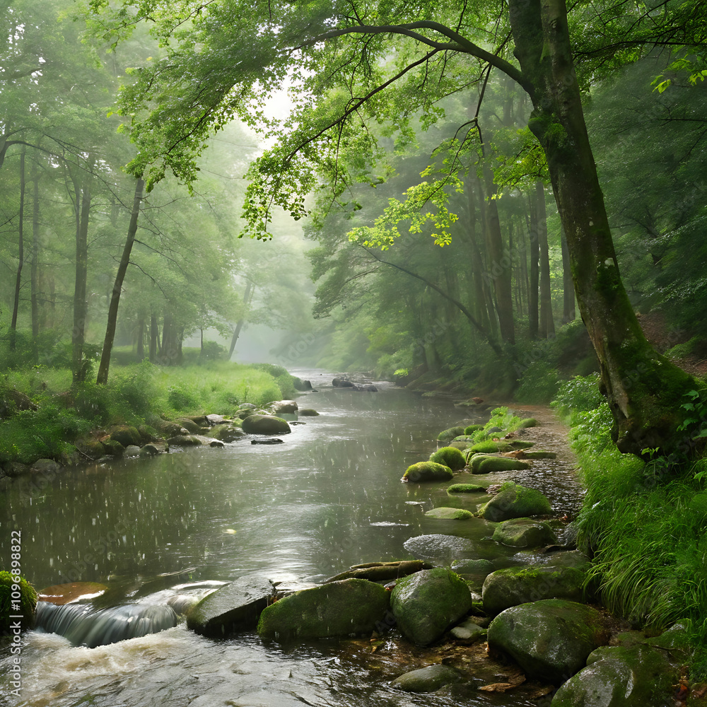 Fototapeta premium Tranquil Woodland Scene with Gentle Stream, Stones, and Soft Rain