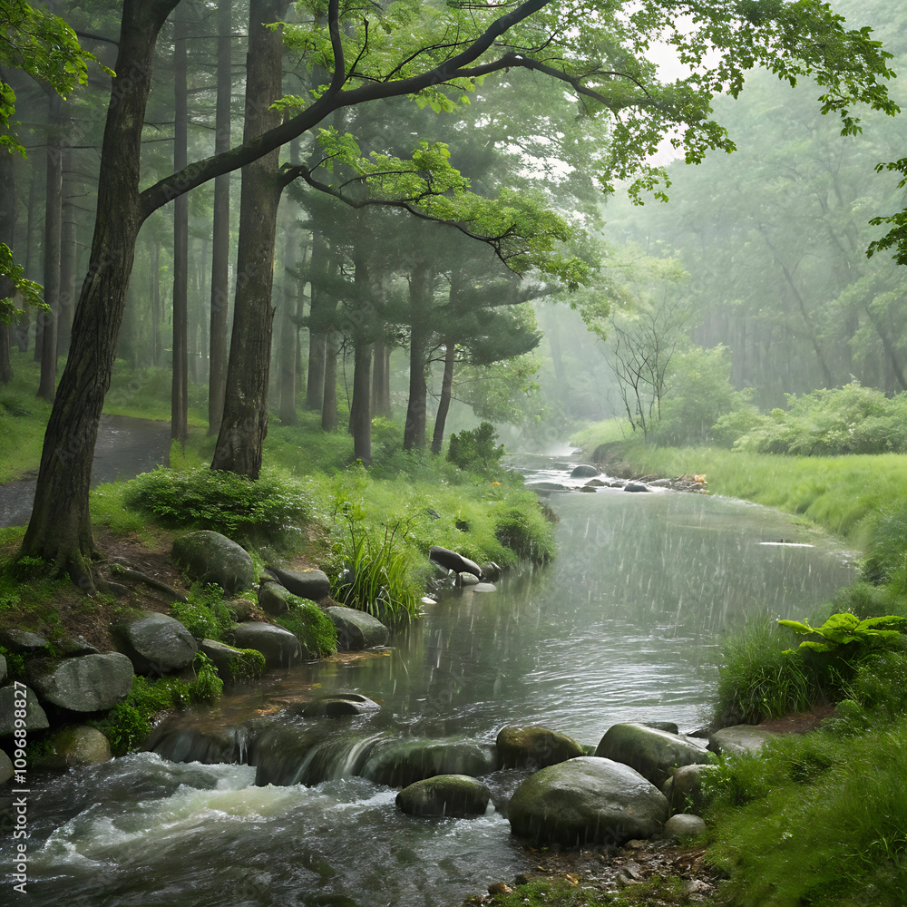 Fototapeta premium Tranquil Woodland Scene with Gentle Stream, Stones, and Soft Rain