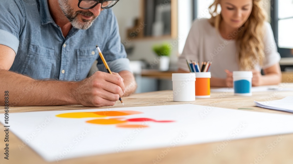 Image of artists working together on an abstract art piece with bright colors and pencils on a spacious table, representing creativity and collaboration. Image of artists working together on an abstract art piece with bright colors and pencils on a spacious table, representing creativity and collaboration.