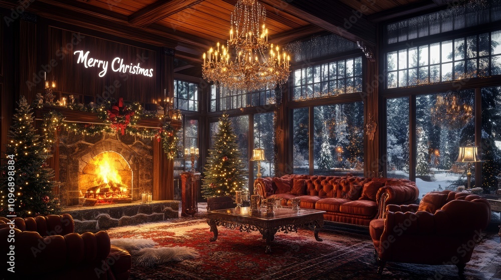 Obraz premium Cozy Christmas Living Room with Fireplace, Decorative Tree, and Warm Festive Atmosphere