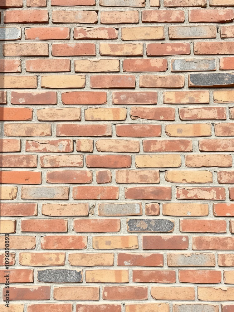 Obraz premium Weathered and rustic brick wall with various shades of red, brown, and beige bricks, building
