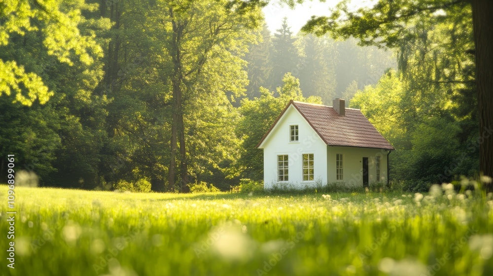Minimalist architecture in nature: serene small white house in tranquil forest setting Minimalist architecture in nature: serene small white house in tranquil forest setting