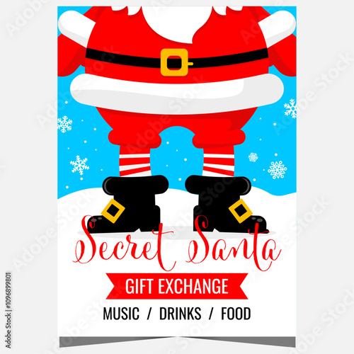 Christmas Secret Santa party invitation with silhouette of Santa Claus in his traditional costume. Vector template for banner or poster suitable for Christmas entertainment ritual of gift exchange.