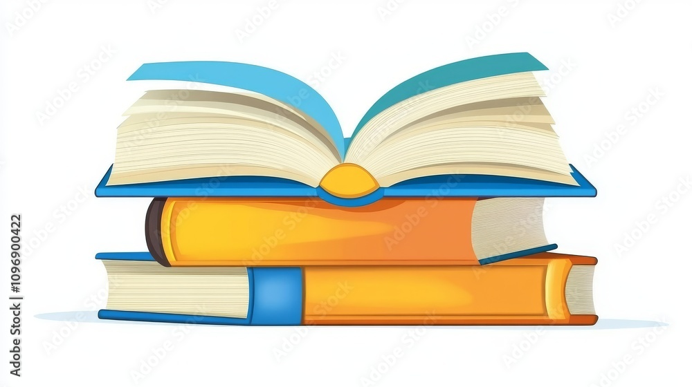Open book illustration on top of stacked books, colorful design Open book illustration on top of stacked books, colorful design