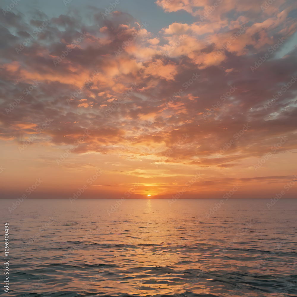 Fototapeta premium Peach Sunset Over Tranquil Ocean with Pastel Clouds Above Horizon