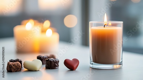 An assortment of chocolates in a dreamy glow from surrounding candles, set against a softly blurred background, creating an ambiance of luxury and indulgence. photo