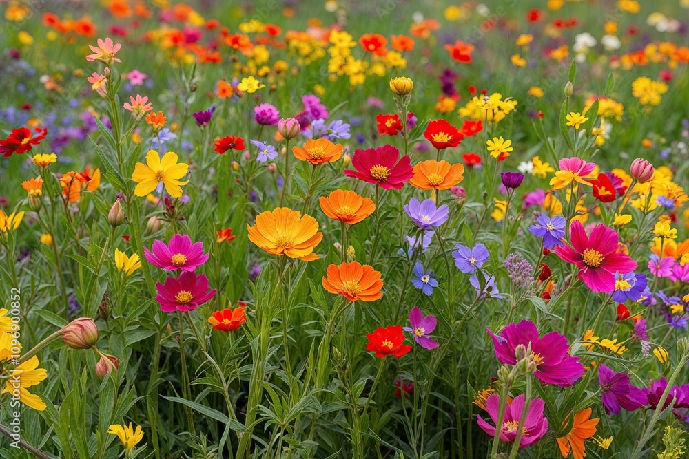 Naklejka premium Lush Wildflower Blooms in a Colorful Spring Meadow