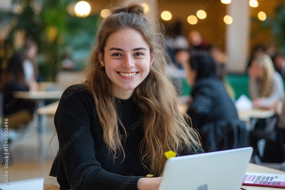 Fototapeta premium Young entrepreneur smiling while working at a co-working space.