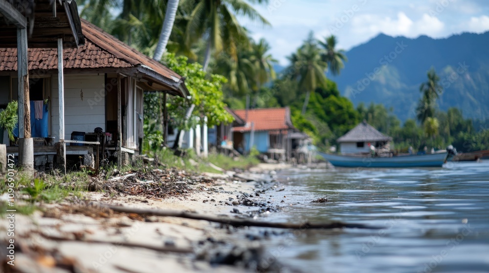 Palm trees hover over a serene, sandy coastline as wooden houses line the shore. A small boat can be seen in the clear, calm water under blue skies. Palm trees hover over a serene, sandy coastline as wooden houses line the shore. A small boat can be seen in the clear, calm water under blue skies.