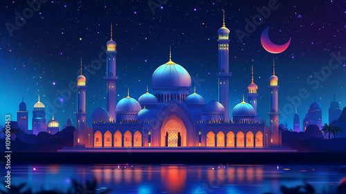 Wallpaper Mural colorful mosque in night with light effect, Ramadan Kareem background with mosque with glowing neon lights, Mosque architecture building with neon lights glowing background. Torontodigital.ca