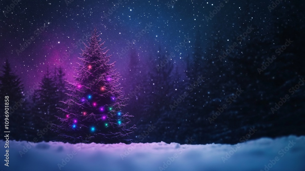Naklejka premium Enchanting christmas tree decorated with colorful lights in winter night forest scene