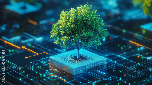 Tree growing on Circuit Digital Cube. Digital and Technology Convergence. Blue light and Wireframe network background. Green Computing, Green Technology, Green IT, csr, and IT ethics Concept.