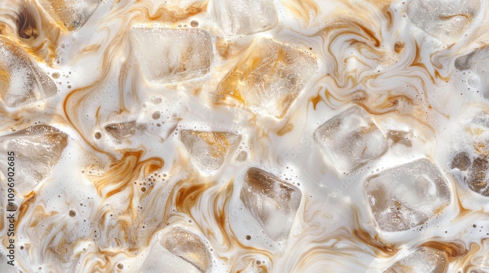 Creamy Swirls of Milk and Ice Cubes in Liquid Texture Creamy Swirls of Milk and Ice Cubes in Liquid Texture