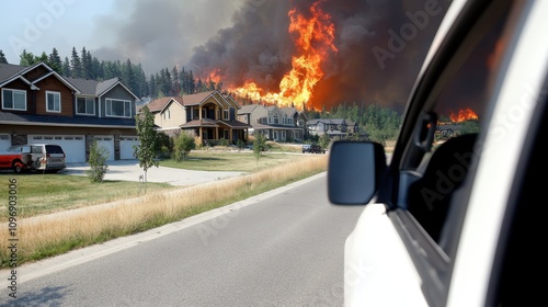 An intense wildfire steadily approaches a modern suburban neighborhood as seen from a road, highlighting the urgency for evacuation amidst looming danger. photo