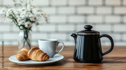 Wallpaper Mural A cozy breakfast scene featuring a cup of coffee, croissants, and a teapot, accompanied by a small vase of flowers on a wooden table. Torontodigital.ca