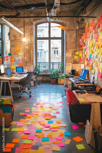 Creative office space, colorful sticky notes, laptops. photo