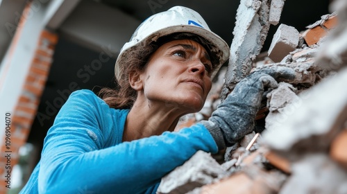 Focused woman in blue shirt and hard hat carefully examines a brick wall, highlighting her expertise and dedication in construction work, reflecting strength and determination. photo