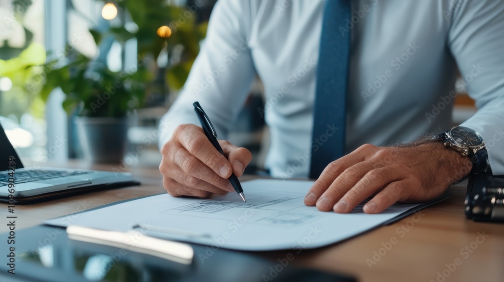 A businessman dressed in formal attire meticulously analyzing important papers on a wooden office desk, portraying professionalism and a focus on productivity and success. A businessman dressed in formal attire meticulously analyzing important papers on a wooden office desk, portraying professionalism and a focus on productivity and success.