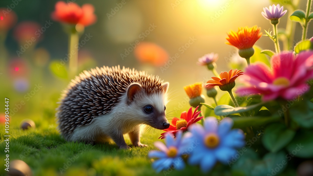 Hedgehog in a Colorful Garden Hedgehog in a Colorful Garden