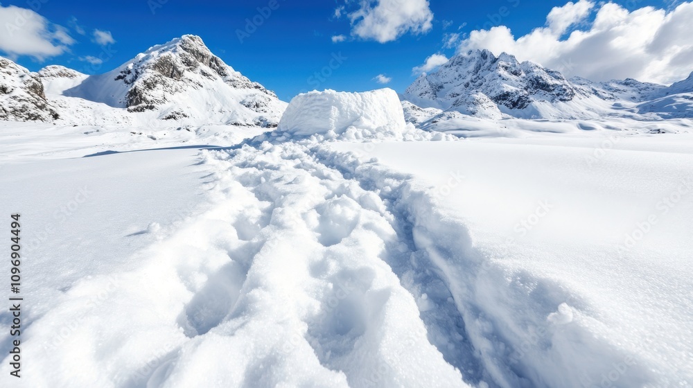 A well-trodden snow path stretches towards a solitary, neatly crafted igloo amidst a vast, undisturbed snowy expanse under a vivid blue sky with rugged mountains in the background. A well-trodden snow path stretches towards a solitary, neatly crafted igloo amidst a vast, undisturbed snowy expanse under a vivid blue sky with rugged mountains in the background.