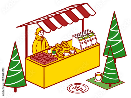 Christmas Market Stall Illustration: Festive Vendor, Treats.