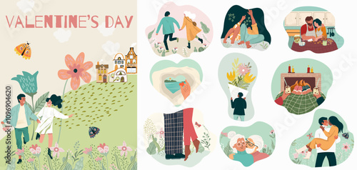 A set of romantic illustrations. Man and woman. Love, love story, relationship. Nature, flowers. Vector design concept for Valentine's Day, hand drawn vector.