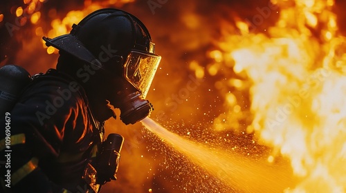 Brave Firefighter Battling Vibrant Flames with Fire Hose photo