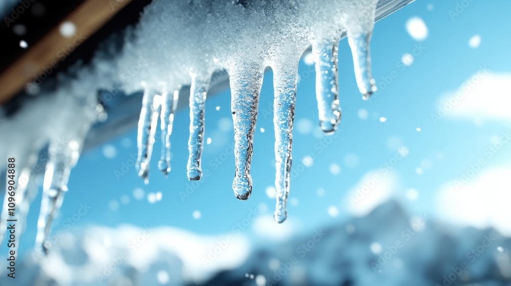 Close-up of icicles hanging from a snowy roof against a clear blue sky, creating a sparkling, serene winter scene in a mountainous region. Close-up of icicles hanging from a snowy roof against a clear blue sky, creating a sparkling, serene winter scene in a mountainous region.