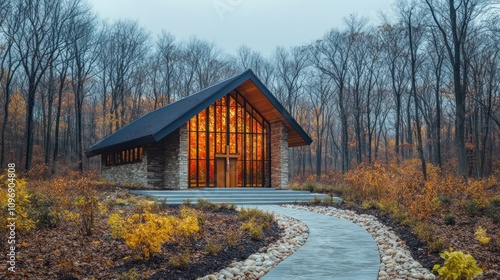 Serene Autumn Chapel in the Woods: A Peaceful Sanctuary