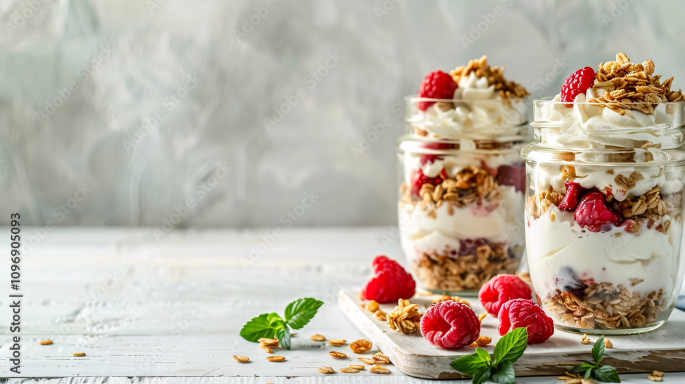 Two jars filled with delicious parfaits made of granola, fresh berries, and yogurt, placed on a white wooden table. Shot at an angle with space for text, perfect for a banner. Two jars filled with delicious parfaits made of granola, fresh berries, and yogurt, placed on a white wooden table. Shot at an angle with space for text, perfect for a banner.