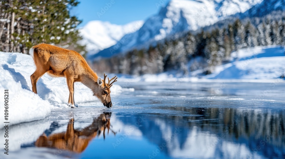 A deer bends to drink from a river in a snowy landscape, with majestic mountains towering in the background, capturing the peaceful essence of a winter scene. A deer bends to drink from a river in a snowy landscape, with majestic mountains towering in the background, capturing the peaceful essence of a winter scene.