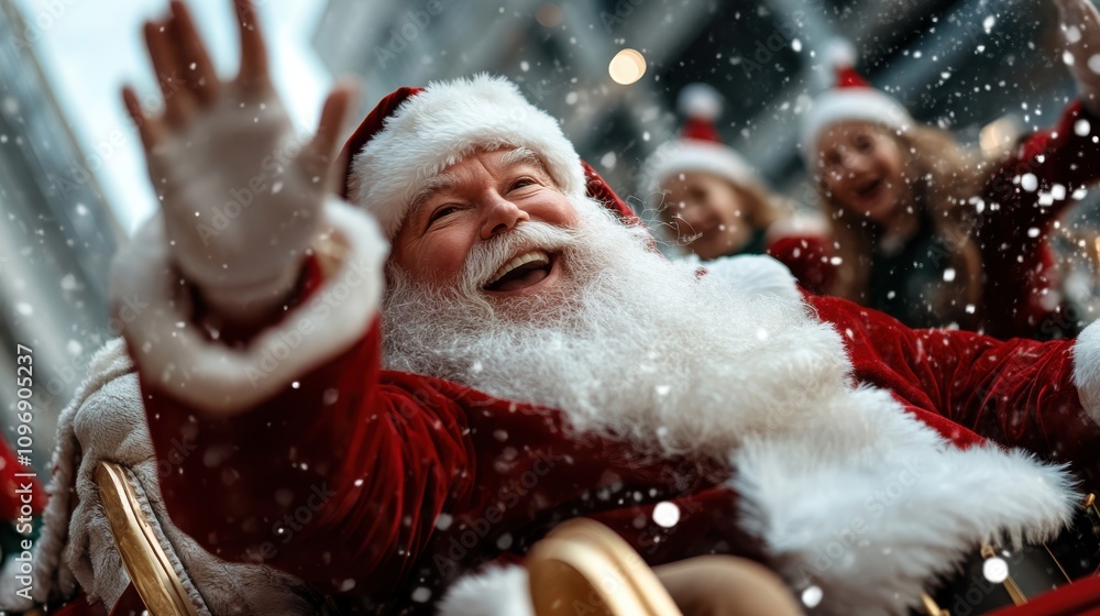 A joyful Santa Claus in traditional red outfit waves warmly during a lively winter parade, with snowflakes falling around him, spreading holiday cheer abundantly. A joyful Santa Claus in traditional red outfit waves warmly during a lively winter parade, with snowflakes falling around him, spreading holiday cheer abundantly.