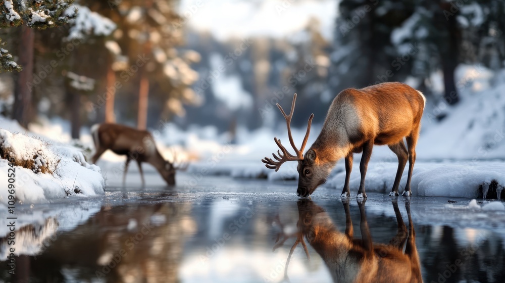 Two deer peacefully drink from a river at its snowy edge, surrounded by a tranquil winter forest that reflects nature's tranquil solitude and beauty so serenely. Two deer peacefully drink from a river at its snowy edge, surrounded by a tranquil winter forest that reflects nature's tranquil solitude and beauty so serenely.
