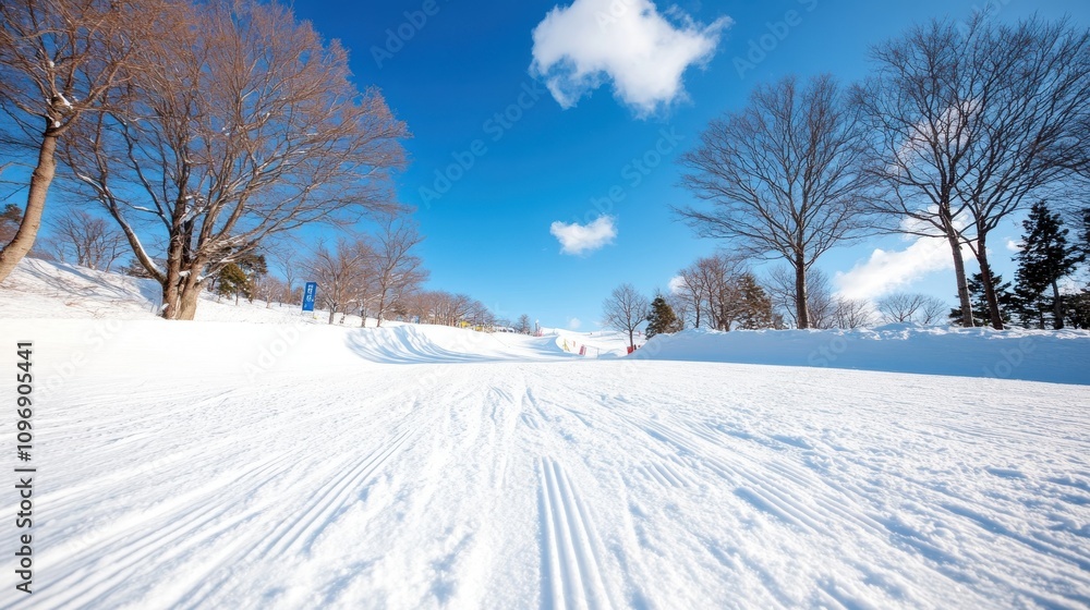 Fototapeta premium A snow-covered track beneath a clear blue sky forms a pathway lined by bare trees, creating an inviting scene of serene beauty and untouched, tranquil winter landscapes.