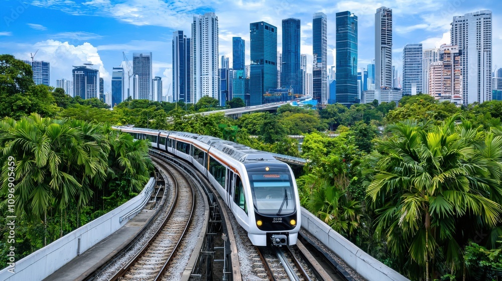 Naklejka premium Futuristic Elevated Monorail System Gliding Through Lush Urban Cityscape