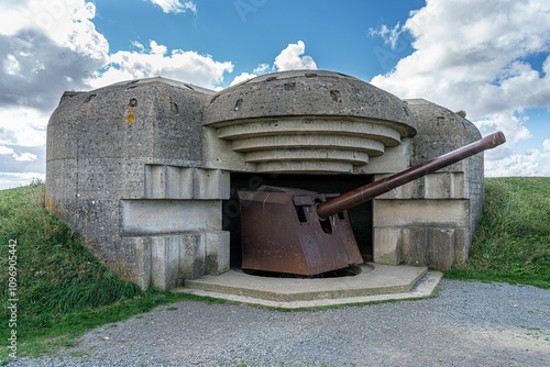 Historic WWII German artillery bunker at Longues-sur-Mer, Normandy, under a partly cloudy sky photo