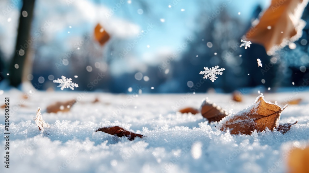 Delicate snowflakes are captured in a dramatic close-up, drifting softly to the ground, where they mingle with dry autumn leaves, creating a striking seasonal contrast. Delicate snowflakes are captured in a dramatic close-up, drifting softly to the ground, where they mingle with dry autumn leaves, creating a striking seasonal contrast.
