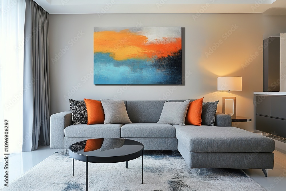 Modern living room interior with vibrant artwork and grey sofa Modern living room interior with vibrant artwork and grey sofa