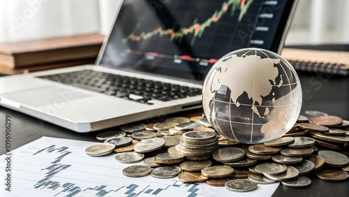 Global Finance Theme, Globe resting on coins ,Represents money and wealth concepts background
 photo