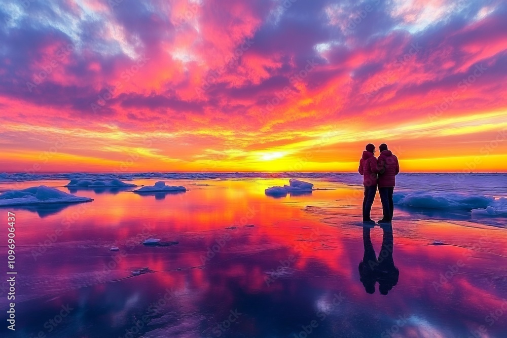 Vibrant Sunrise Over Frozen Lake Michigan. AI generated illustration Vibrant Sunrise Over Frozen Lake Michigan. AI generated illustration