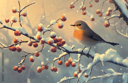 European Robin on Snowy Hawthorn Branch. AI generated illustration. photo