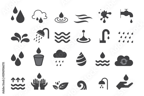 Water line icon set. Raindrops, glass, H2O molecule, purification filter, pure aqua outline vector illustration. The linear pictogram for drink.